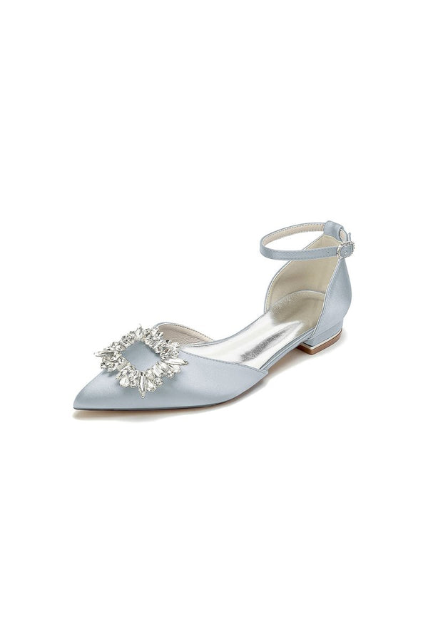 Rhinestone Pointed Toe Ankle Strap Satin Kitten Heels - KissProm