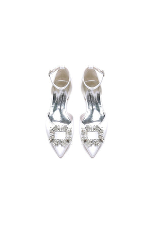 Rhinestone Pointed Toe Ankle Strap Satin Kitten Heels - KissProm