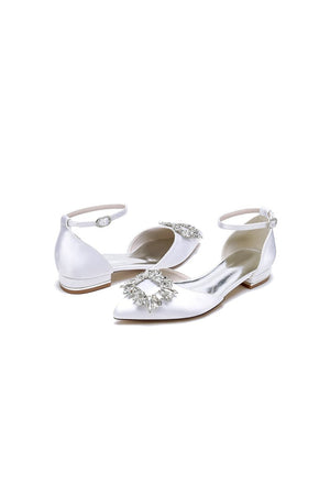 Rhinestone Pointed Toe Ankle Strap Satin Kitten Heels - KissProm