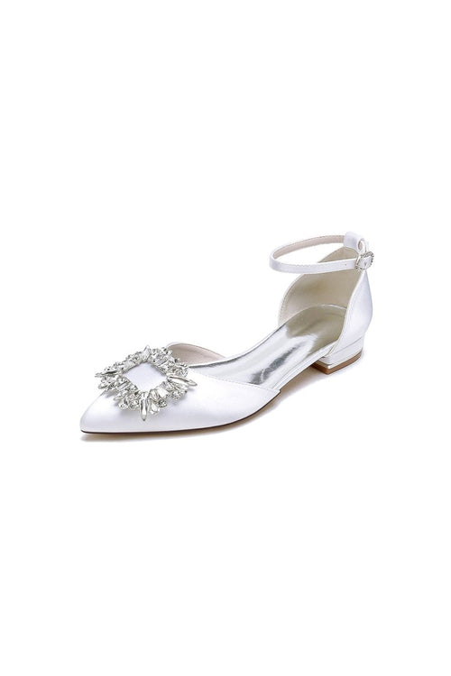 Rhinestone Pointed Toe Ankle Strap Satin Kitten Heels - KissProm