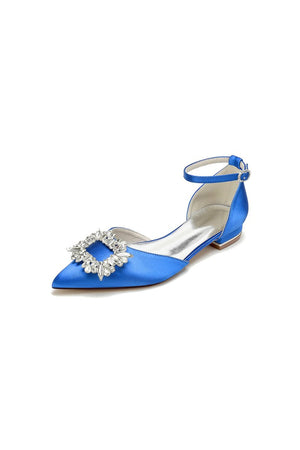 Rhinestone Pointed Toe Ankle Strap Satin Kitten Heels - KissProm