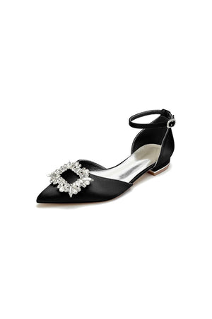 Rhinestone Pointed Toe Ankle Strap Satin Kitten Heels - KissProm