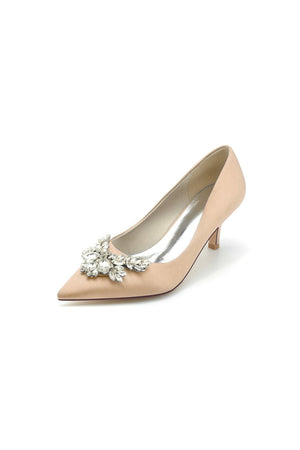 Rhinestone Pointed Toe Satin Kitten Heels - KissProm
