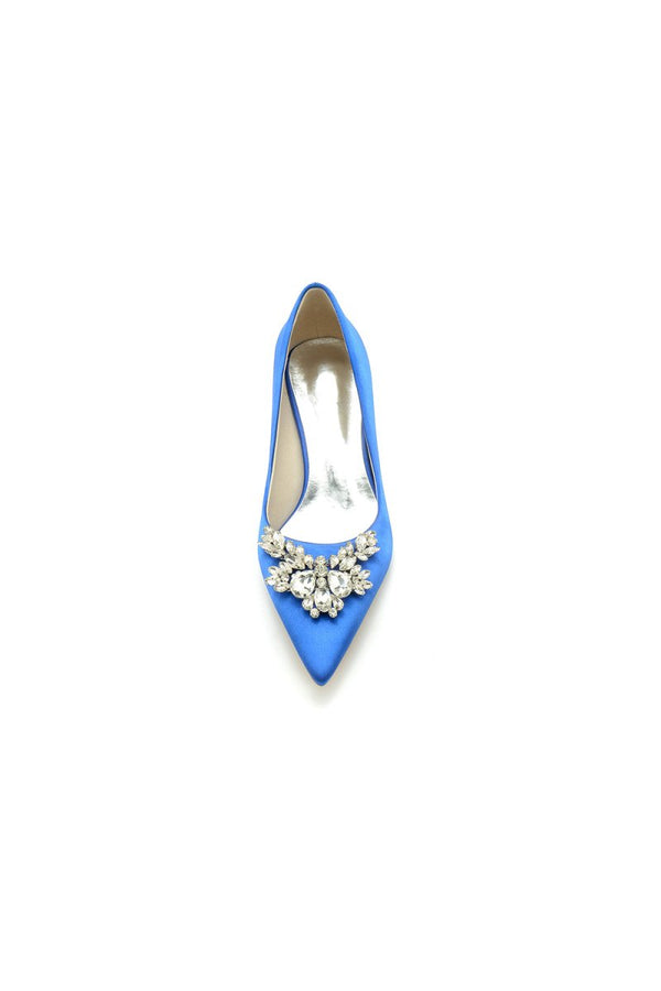 Rhinestone Pointed Toe Satin Kitten Heels - KissProm