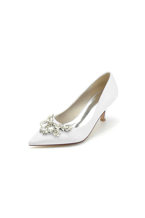 Rhinestone Pointed Toe Satin Kitten Heels - KissProm
