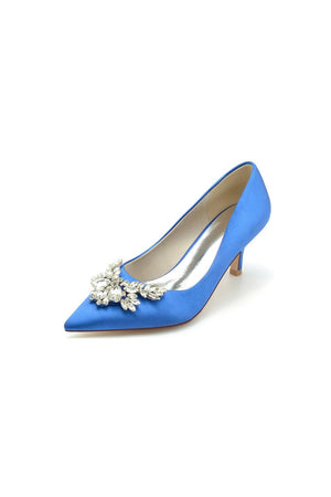 Rhinestone Pointed Toe Satin Kitten Heels - KissProm