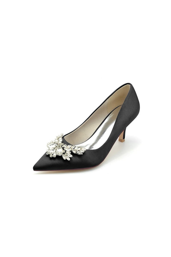 Rhinestone Pointed Toe Satin Kitten Heels - KissProm