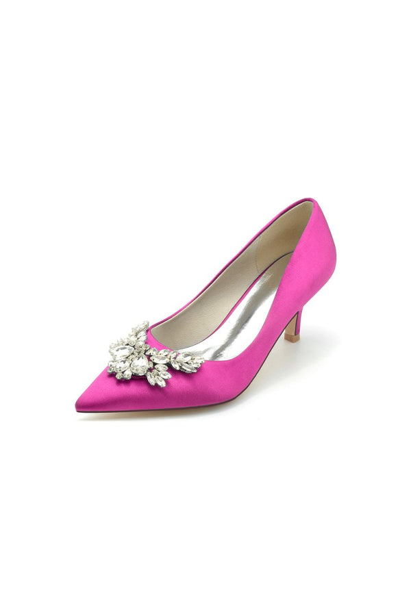 Rhinestone Pointed Toe Satin Kitten Heels - KissProm