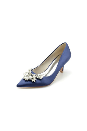 Rhinestone Pointed Toe Satin Kitten Heels - KissProm