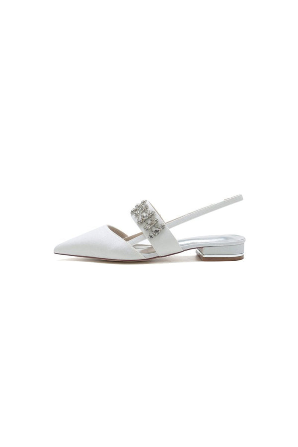 Rhinestone Pointed Toe Strap Buckle Glitter Low Heels - KissProm