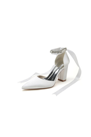 Rhinestone Ribbon Pointed Toe Ankle Strap Chunky Heel - KissProm