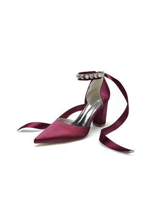 Rhinestone Ribbon Pointed Toe Ankle Strap Chunky Heel - KissProm