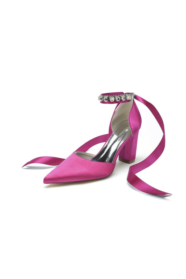 Rhinestone Ribbon Pointed Toe Ankle Strap Chunky Heel - KissProm