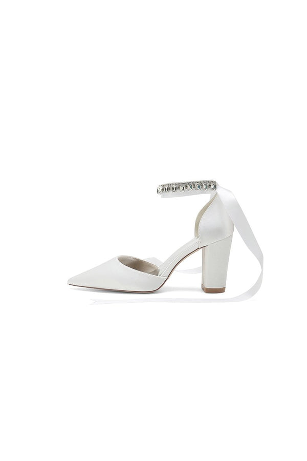 Rhinestone Ribbon Pointed Toe Ankle Strap Chunky Heel - KissProm