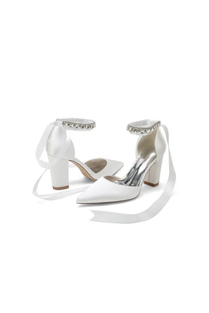 Rhinestone Ribbon Pointed Toe Ankle Strap Chunky Heel - KissProm