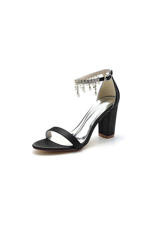 Open Toe Block Heels with Rhinestone Tassel - KissProm