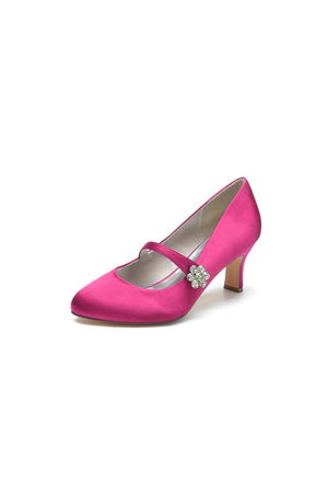 Round Toe Crystal Buckle Strap Chunky Heels - KissProm