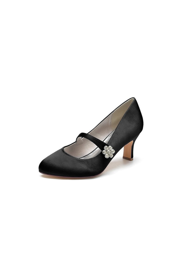 Round Toe Crystal Buckle Strap Chunky Heels - KissProm