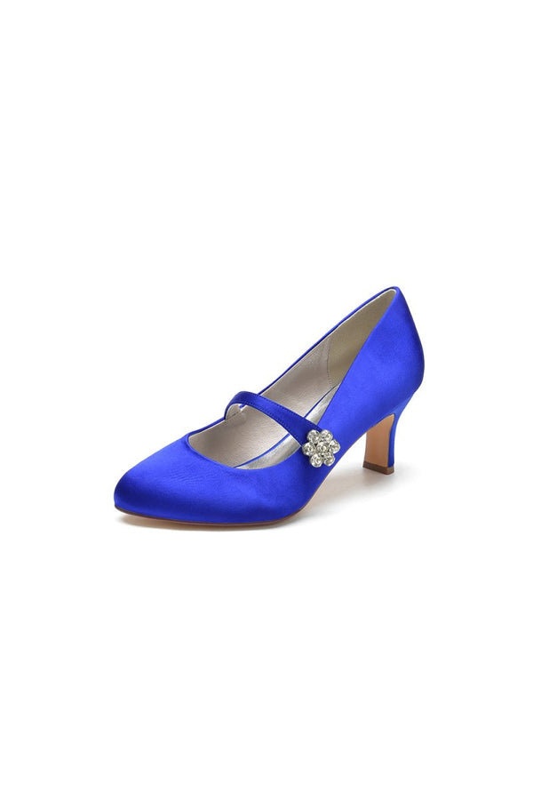 Round Toe Crystal Buckle Strap Chunky Heels - KissProm