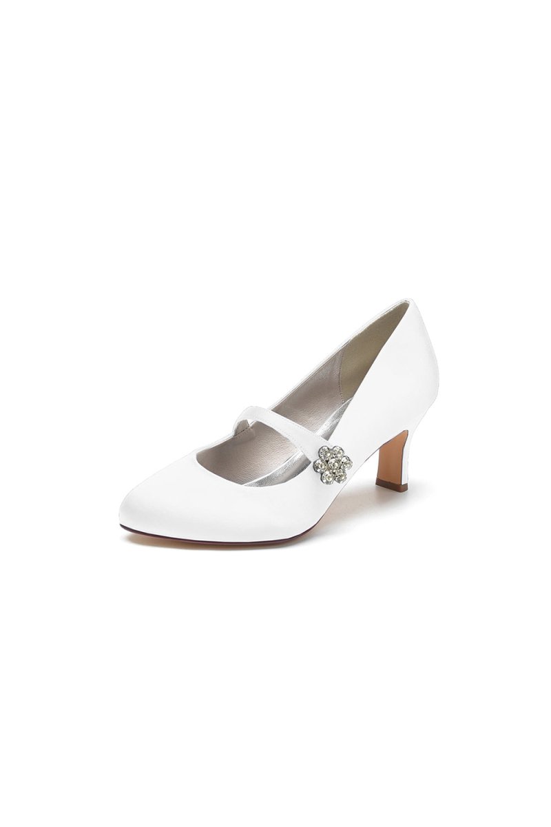 Round Toe Crystal Buckle Strap Chunky Heels - KissProm