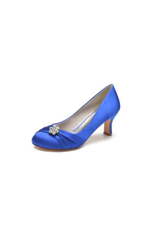 Round Toe Crystal Flower Chunky Heels - KissProm
