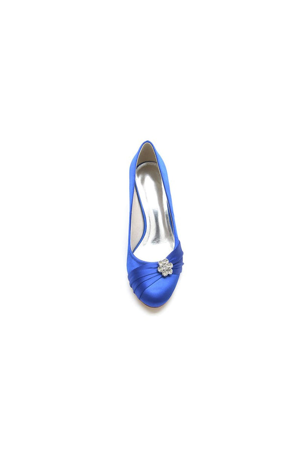 Round Toe Crystal Flower Chunky Heels - KissProm