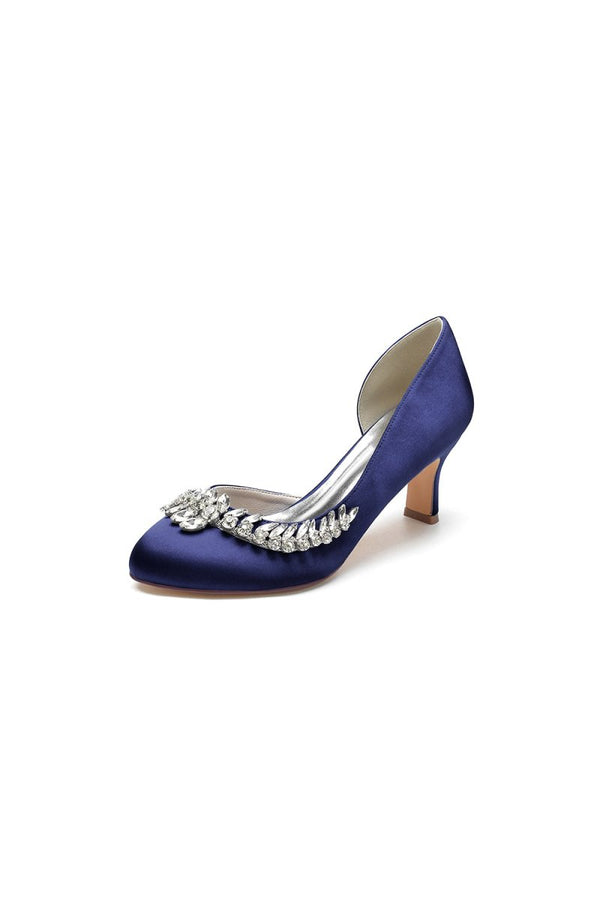 Round Toe Crystal Leaf Chunky Heels - KissProm
