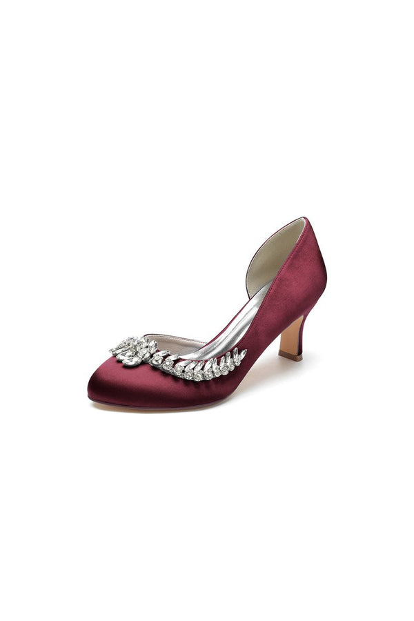 Round Toe Crystal Leaf Chunky Heels - KissProm