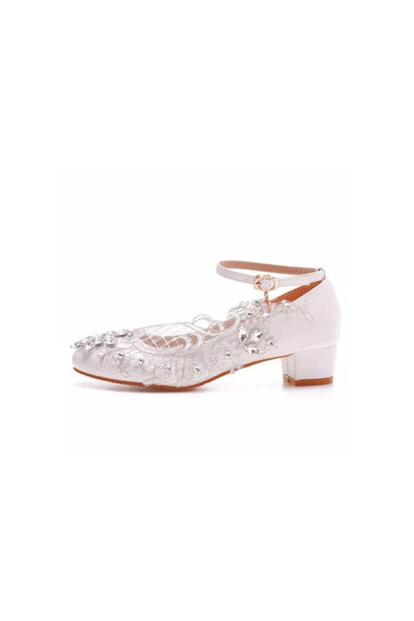 Round Toe Lace Rhinestones Ankle Strap Chunky Heel Wedding Shoes - KissProm