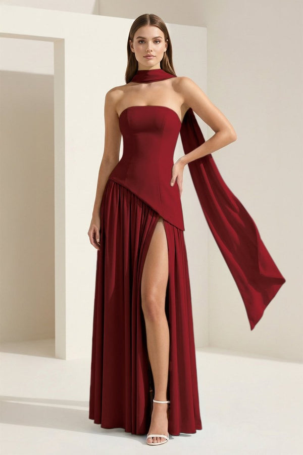 Pink - Strapless Sheath Chiffon Long Prom Dresses With Slit – Prom Dress by KissProm | Available at KissProm