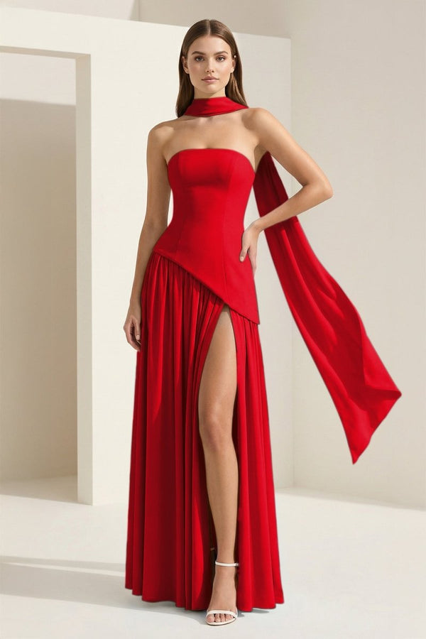 Pink - Strapless Sheath Chiffon Long Prom Dresses With Slit – Prom Dress by KissProm | Available at KissProm