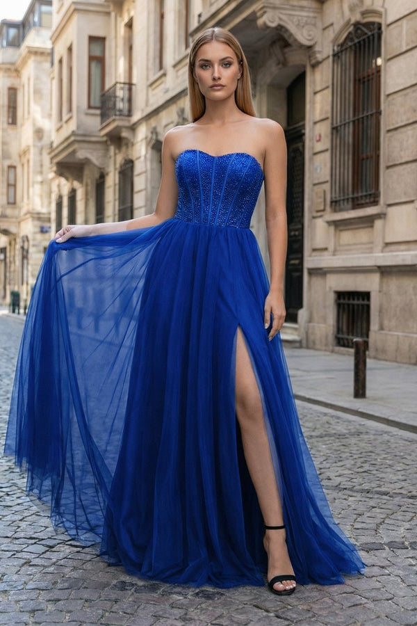A - Line Sweetheart Beads Empire - Waist Sleeveless Prom Dress With Slit - KissProm