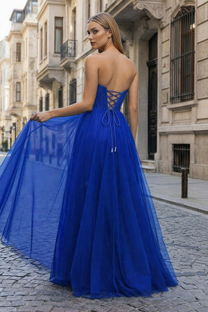 A - Line Sweetheart Beads Empire - Waist Sleeveless Prom Dress With Slit - KissProm