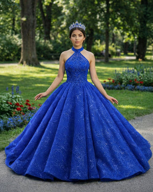 Royal Blue Ball Gown Halter Sleeveless Quinceanera Dress - KissProm