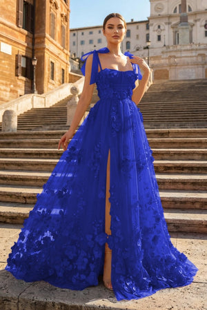 Scarlet Tulle A-line 3D Flower Long Prom Dress With Slit – Prom Dress by KissProm | Available at KissProm