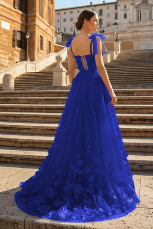 Scarlet Tulle A-line 3D Flower Long Prom Dress With Slit – Prom Dress by KissProm | Available at KissProm