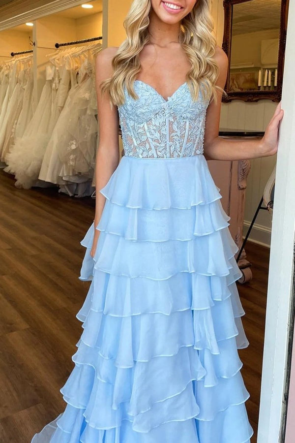 Royal Blue Chiffon Sweetheart Ruffle Tiered Long Prom Dress – Prom Dress by Kissprom | Available at KissProm