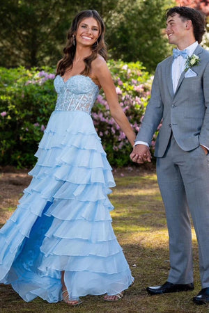 Royal Blue Chiffon Sweetheart Ruffle Tiered Long Prom Dress – Prom Dress by Kissprom | Available at KissProm