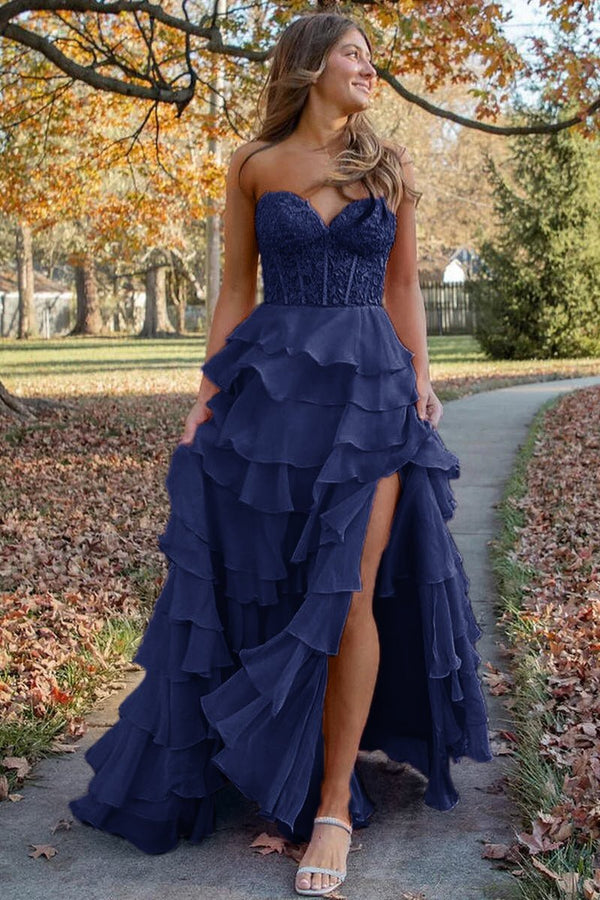 Royal Blue Chiffon Sweetheart Ruffle Tiered Long Prom Dress – Prom Dress by Kissprom | Available at KissProm