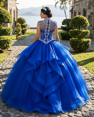 Royal Blue Organza High Neck Quinceanera Dresses Burgundy Prom Dresses - KissProm