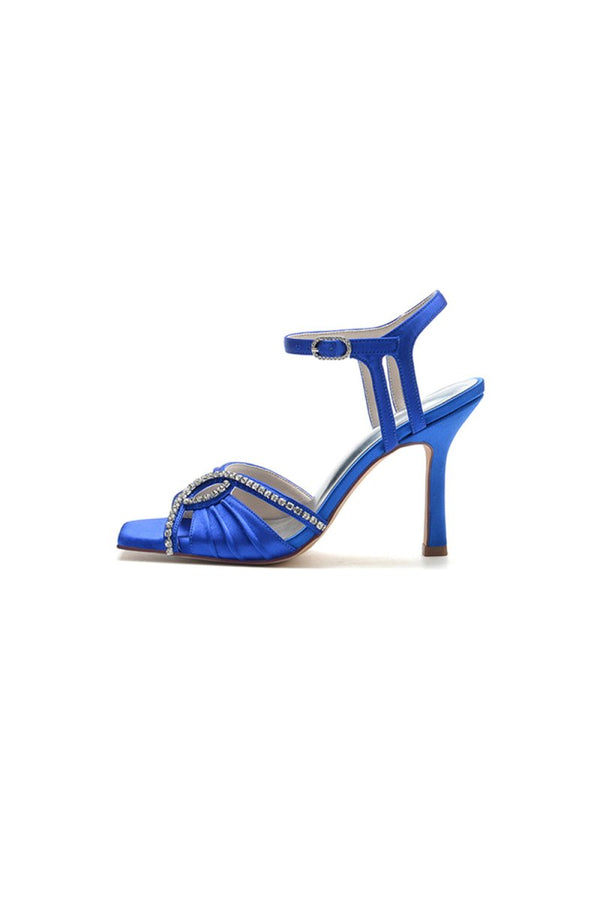 Royal Blue Satin Heels with Rhinestone Detailing - KissProm