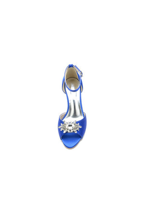 Royal Blue Satin Pump with Crystal Flower Accent - KissProm