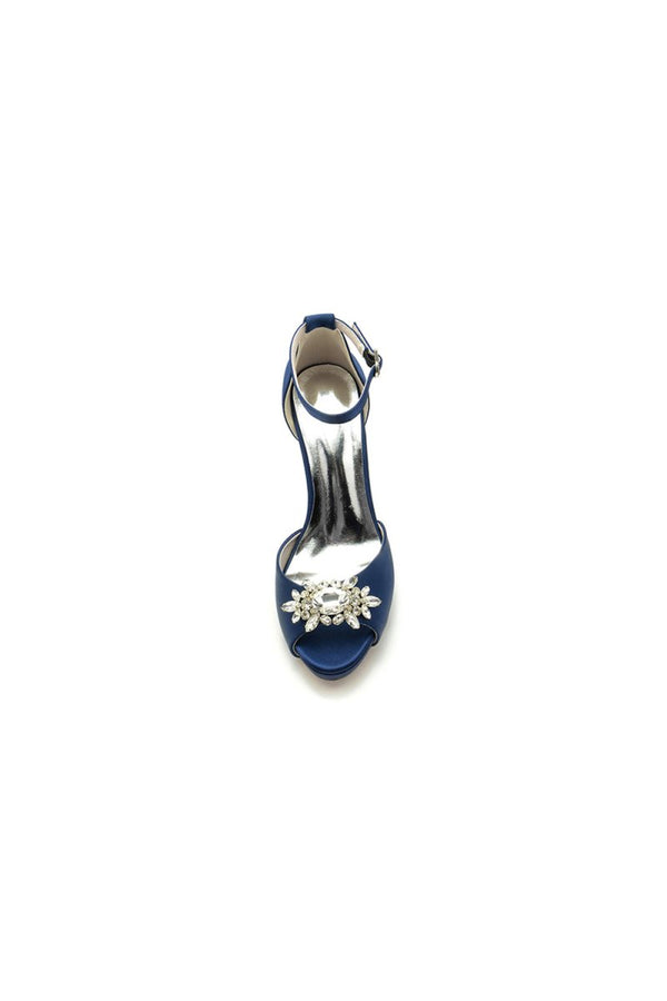 Royal Blue Silk Heels with Crystal Flower Ornament - KissProm