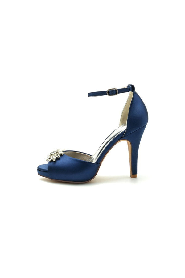 Royal Blue Silk Heels with Crystal Flower Ornament - KissProm