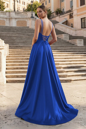 Burgundy Spaghetti Straps A Line Satin Long Prom Dresses With Slit - KissProm