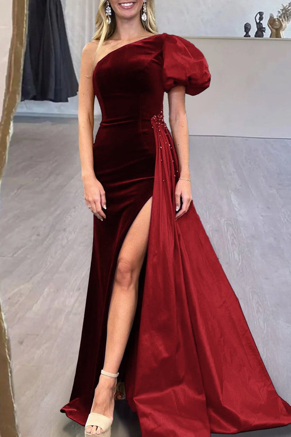 Jazmine | Royal Blue Velvet One-Shoulder Long Formal Dress with Attached Train