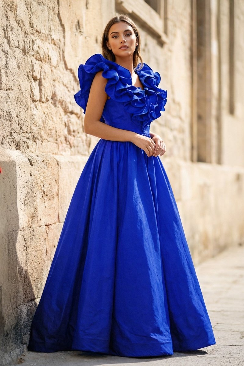 Red Ruffle V Neck Satin A - Line Long Prom Dresses - KissProm