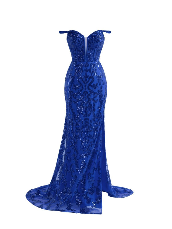 Sparkly Royal Blue Sheath Sequins Long Prom Dress with Slit – Prom Dress by KissProm | Available at KissProm