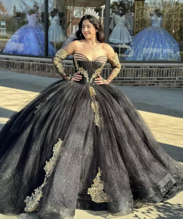 Black Long Sleeves Strapless Quinceanera Dresses with Appliques - KissProm