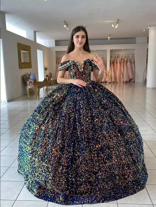 Sequined Ball - Gown Off Shoulder Beaded Velvet Quinceanera Dresses - KissProm